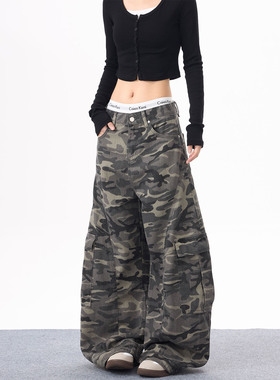 KYNOS 美式复古迷彩多口袋廓形弯刀裤男女宽松休闲阔腿拖地长裤潮