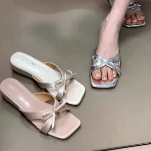 蝴蝶结配裙子凉拖鞋 法式 新款 仙女风方头一字拖鞋 女外穿2025年夏季