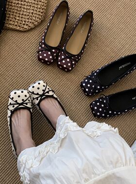 内增高4cm··韩式波点蝴蝶结圆头浅口单鞋女芭蕾风平底小皮鞋