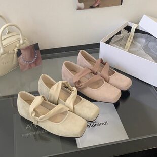 韩版方头绒面绑带设计浅口单鞋女2026春夏新款时尚内增高玛丽珍鞋