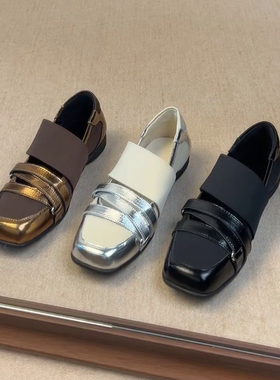 羊皮版~一字带魔术贴低跟百搭配裙子时尚优雅女款简约小众单鞋子