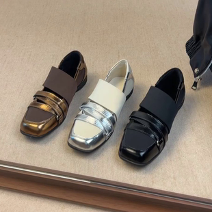 羊皮版~一字带魔术贴低跟百搭配裙子时尚优雅女款简约小众单鞋子