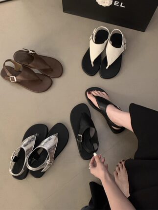 MIDING米町 韩里韩气~小众复古简约百搭夹趾凉鞋拼色软底罗马鞋女