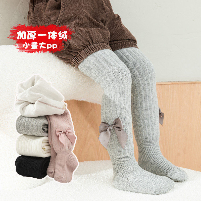 宝宝加绒打底裤冬季外穿加厚婴儿大pp女童蝴蝶结连裤袜儿童保暖裤