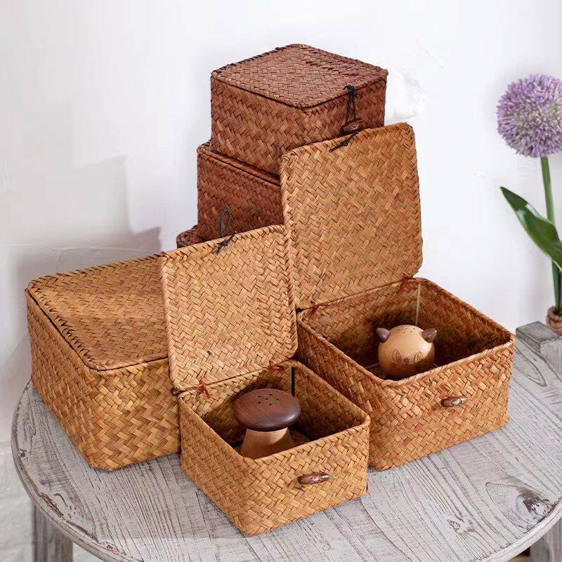 藤编收纳筐海草编织竹编长方形带盖收纳箱电视柜收纳盒零食框篮子