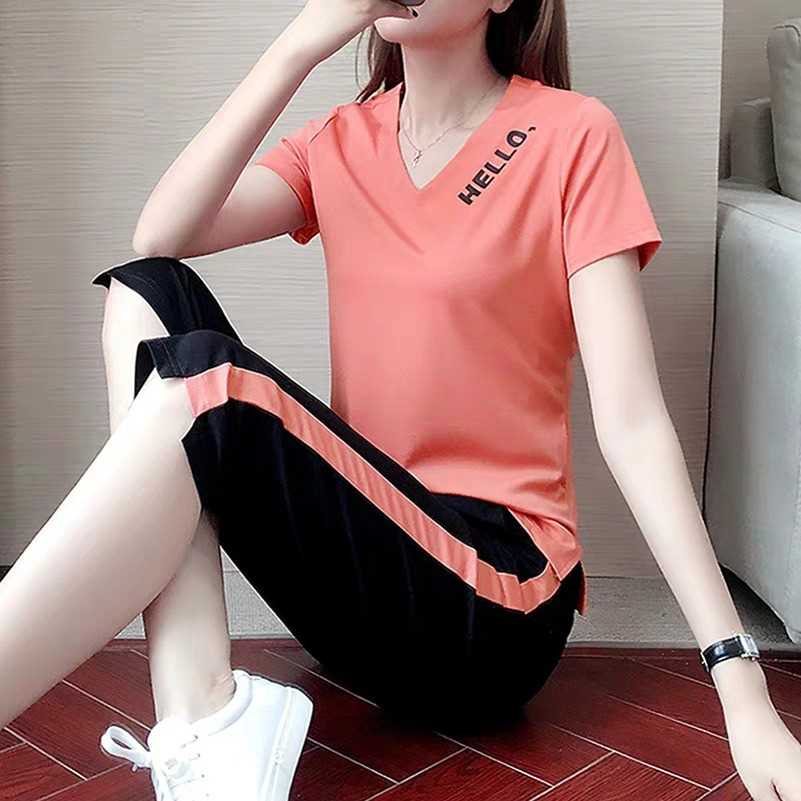 纯棉休闲运动服套装女夏季2022新款韩版大码时尚短袖七分裤两件套
