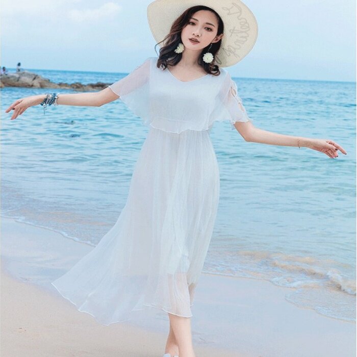 真丝沙滩度假OL风格桑蚕丝纯色
