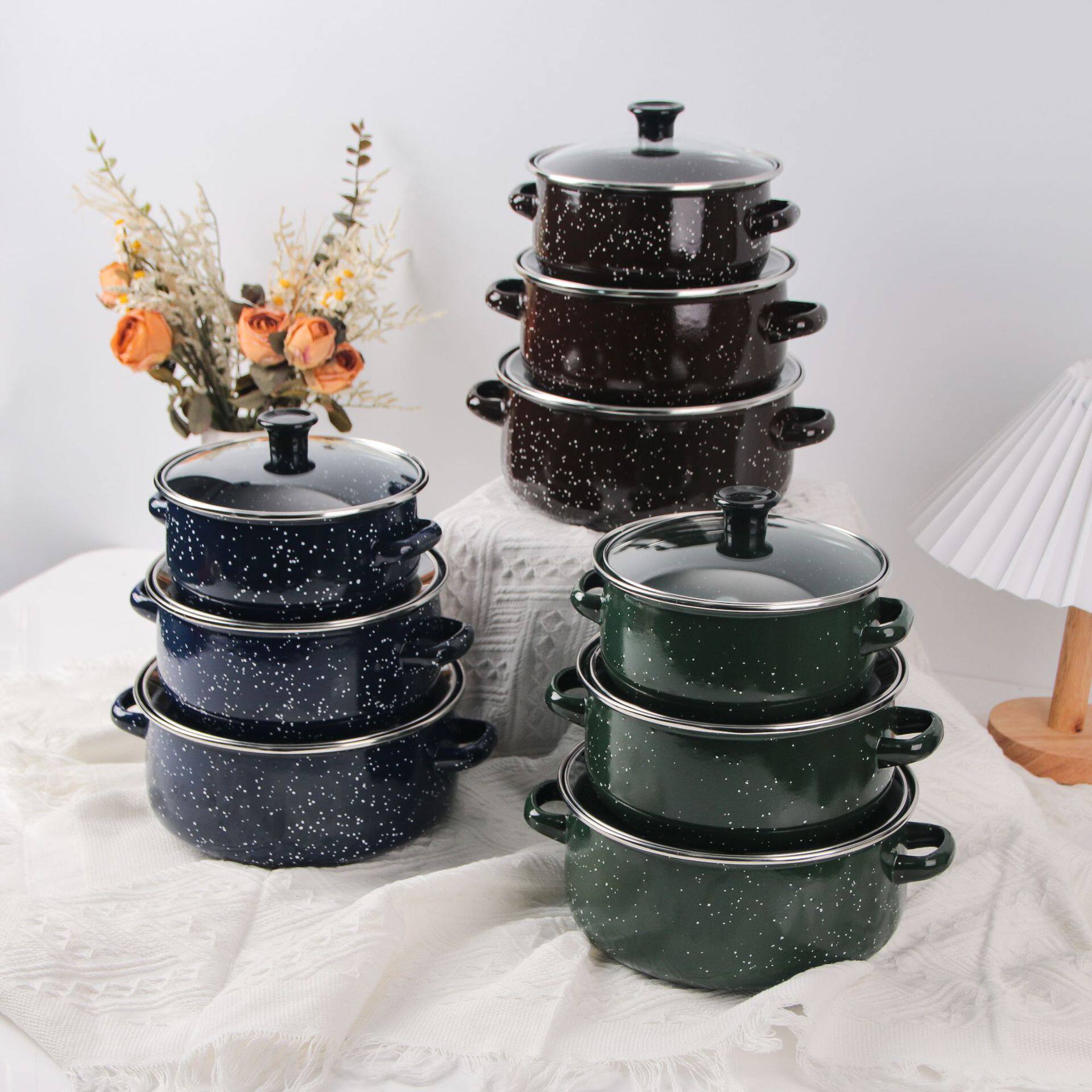 671-K搪瓷汤锅三件套 麻点玻璃盖加厚珐琅锅烧锅 欧美款