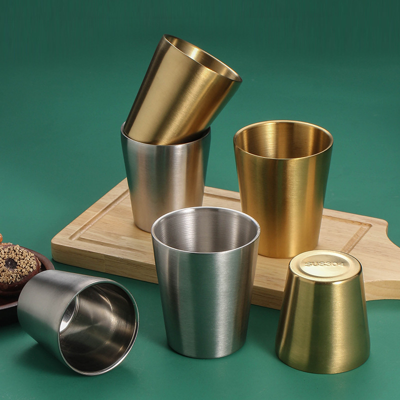 不锈钢酒杯啤酒杯咖啡杯马克水杯刻字双层金色烧酒杯双层防烫