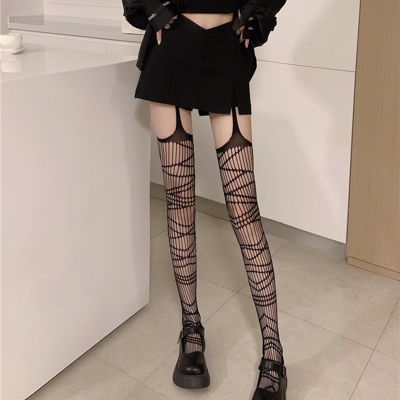 暗黑朋克渔网袜长筒袜性感免脱镂空吊带袜日系y2k辣妹黑丝jk袜