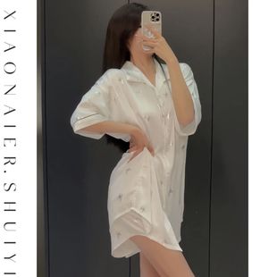 宽松韩版 雪丝衬衣睡裙女春夏季 性感薄款 时尚 家居服纯欲风 2025新款
