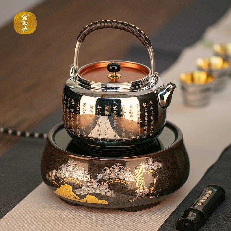 莺歌烧 金星松鹤纹-电陶炉家用静音小型煮茶炉铁壶银壶烧水电热炉
