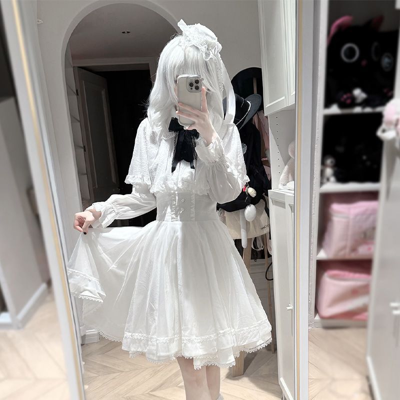 thumbnail for Original authentic winter vibe off-white hooded cape + white waist-cinching dress two-piece women's set