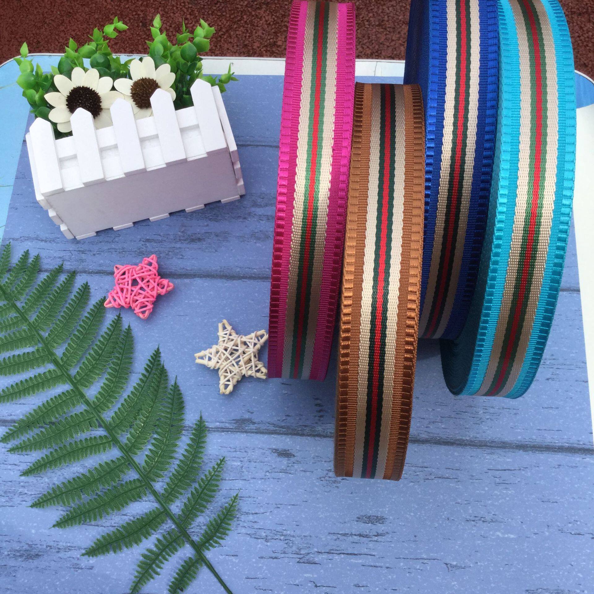 3.8cm条纹间色花带加厚尼龙织带咖啡色绿红色高档箱包肩带DIY辅料