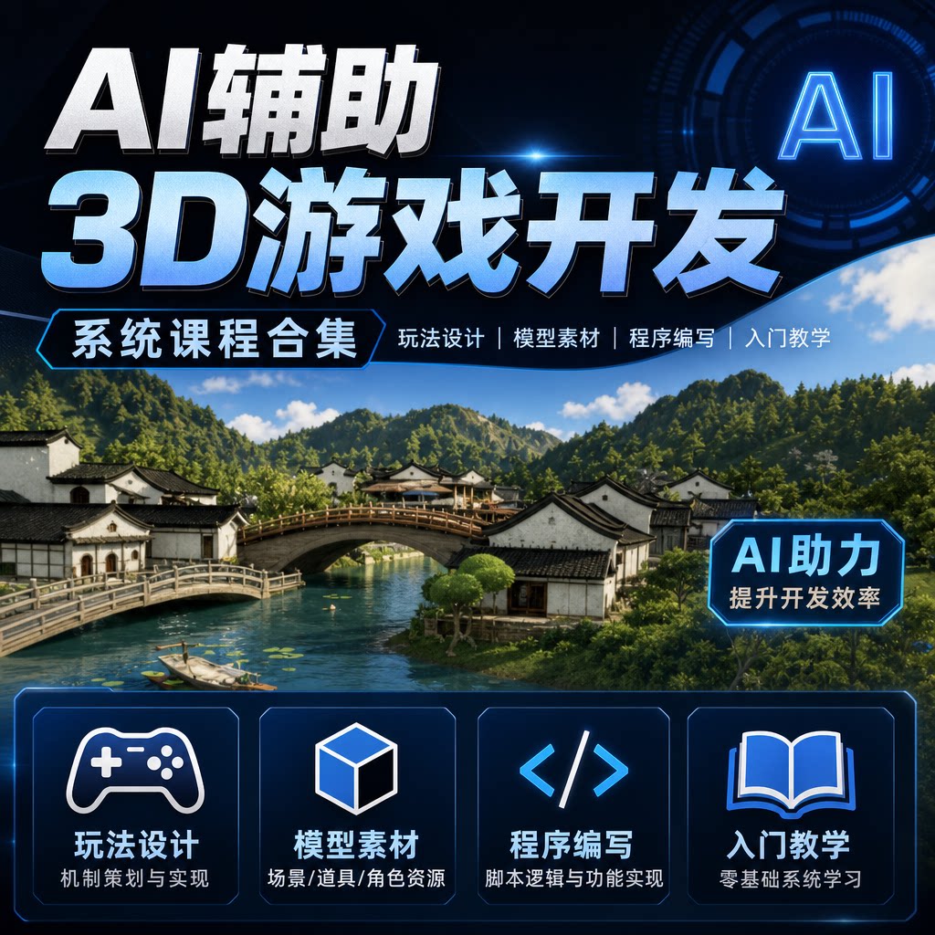 AI辅助3D游戏开发新手入门玩法设计模型素材程序编写系统课程合集