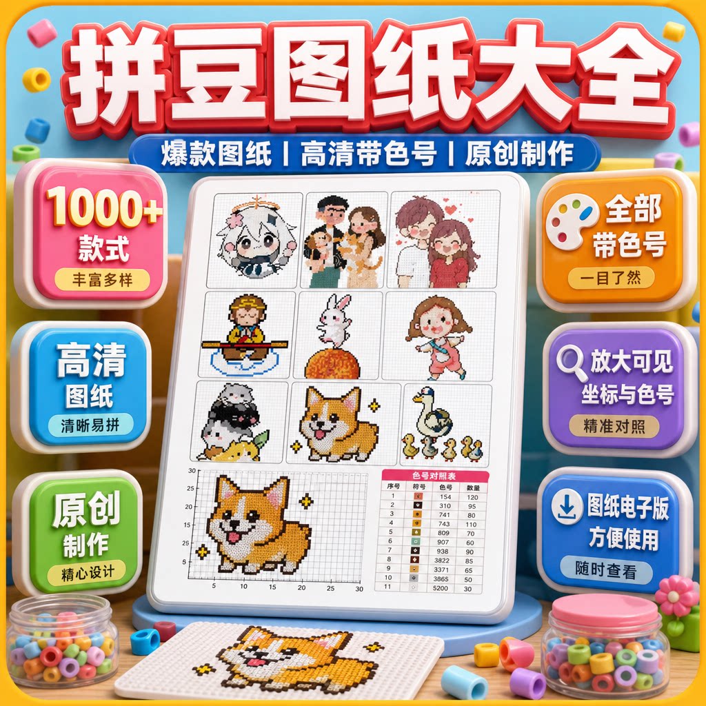拼豆图纸电子版DIY拼豆手工像素画素材高清含色号个性图案制作