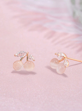 樱桃猫眼石耳钉女纯银简约小巧耳饰2024年新款潮925银甜美耳环