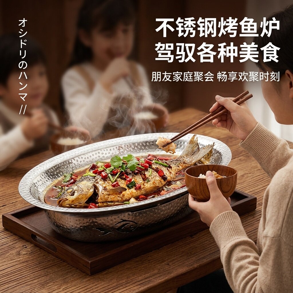 特厚三层不锈钢锤纹烤鱼炉商用