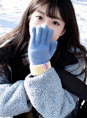 出片就是如此简单！蓝色手套女士冬天高颜值加厚骑行电动车御寒
