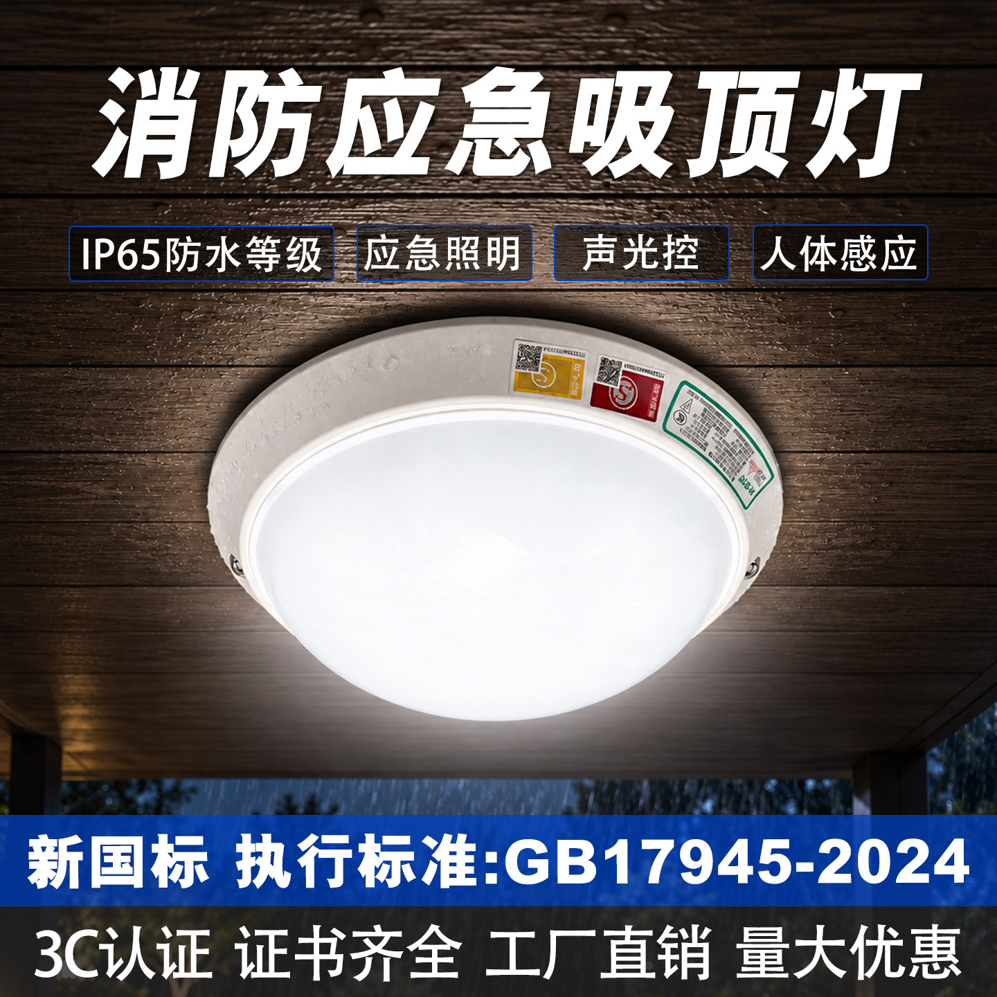 新国标消防应急吸顶灯声光控人体雷达感应商场楼道停电应急吸顶式
