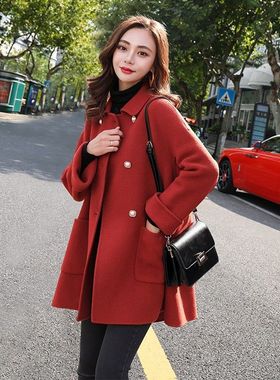 反季2025新款流行红色呢子大衣女中长款韩版宽松秋冬季毛呢外套女
