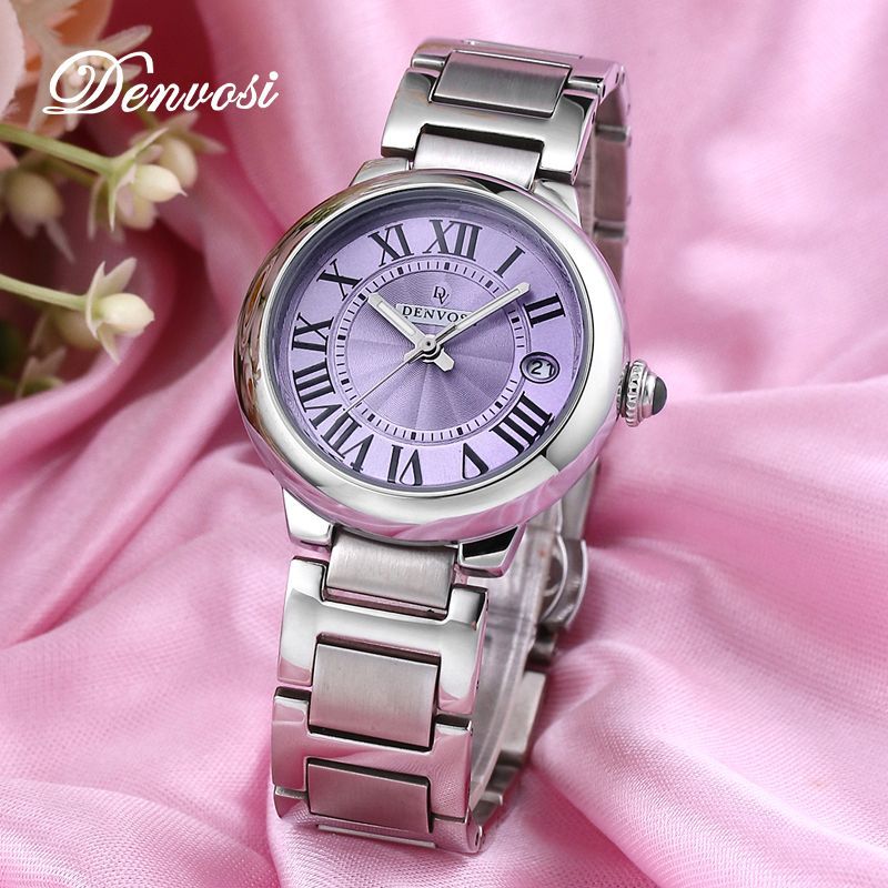 丹弗士轻奢日历简约蓝气球手表精钢表带防水女士腕表石英表女
