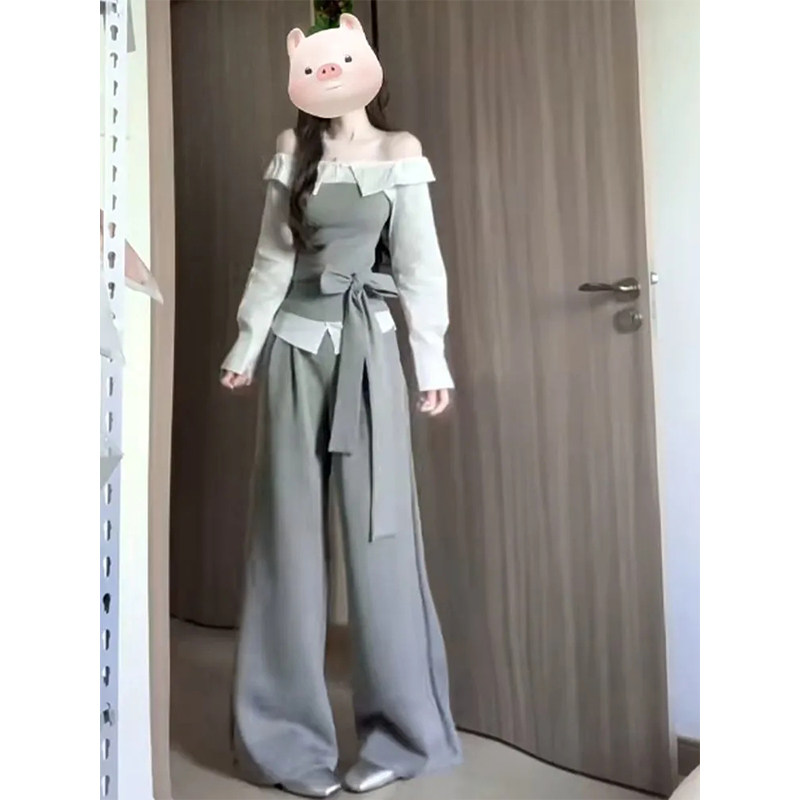 2025秋季韩系气质小众一字肩拼接绑带长袖上衣+宽松阔腿裤套装女