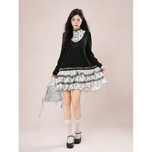 【柔雾茶歇】 日系vintage古着感拼接假两件短裙复古蕾丝边连衣裙