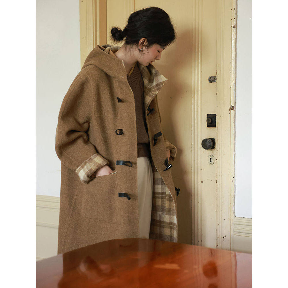 2024春秋款复古格子单面穿牛角扣连帽呢子大衣宽松显瘦毛呢外套女,女装/女士精品,毛呢外套,淘宝优惠券,粉丝福利购,淘宝优惠卷