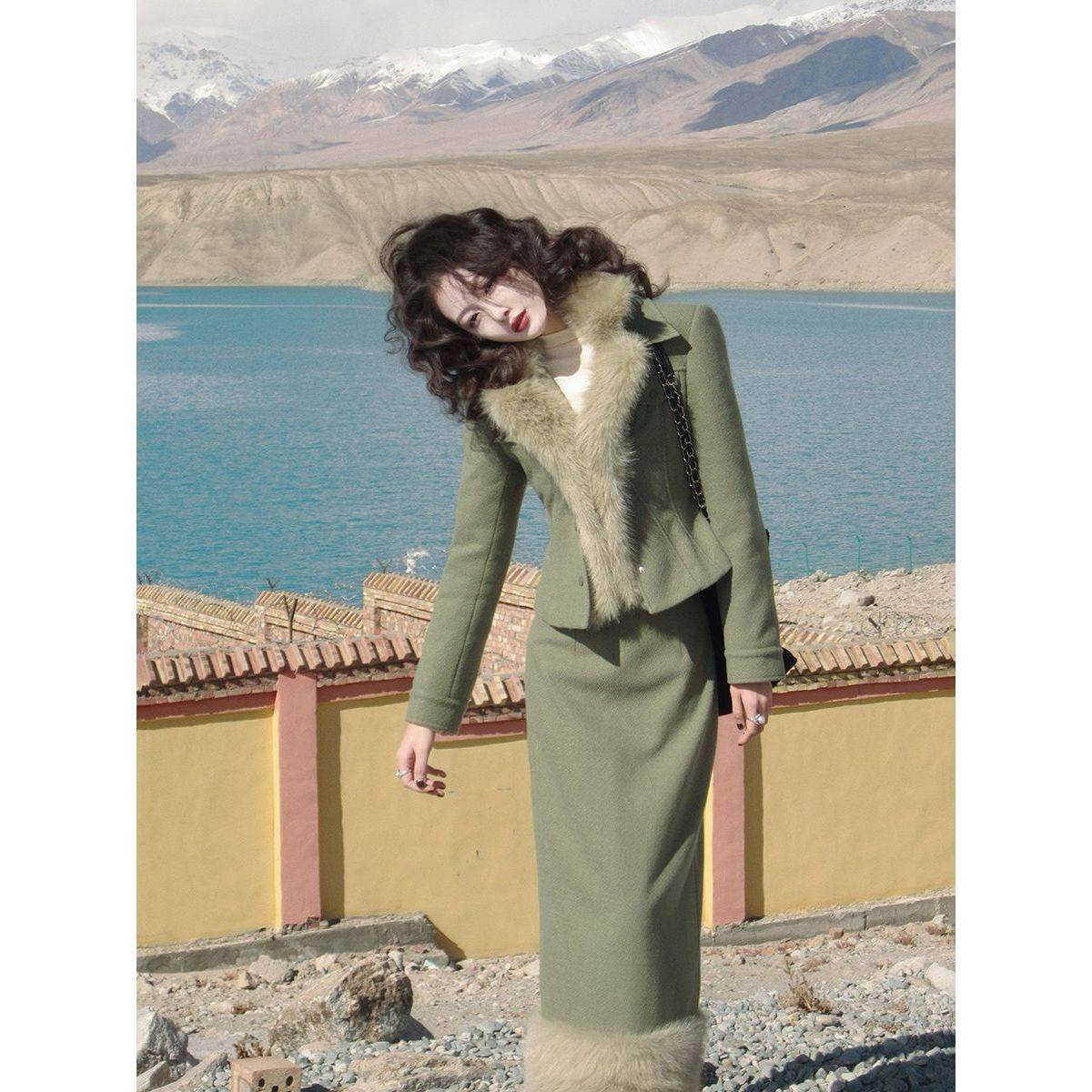 法式复古气质收腰毛呢外套半裙套装女冬季新款小众显瘦通勤两件套,女装/女士精品,时尚套装,淘宝优惠券,粉丝福利购,淘宝优惠卷