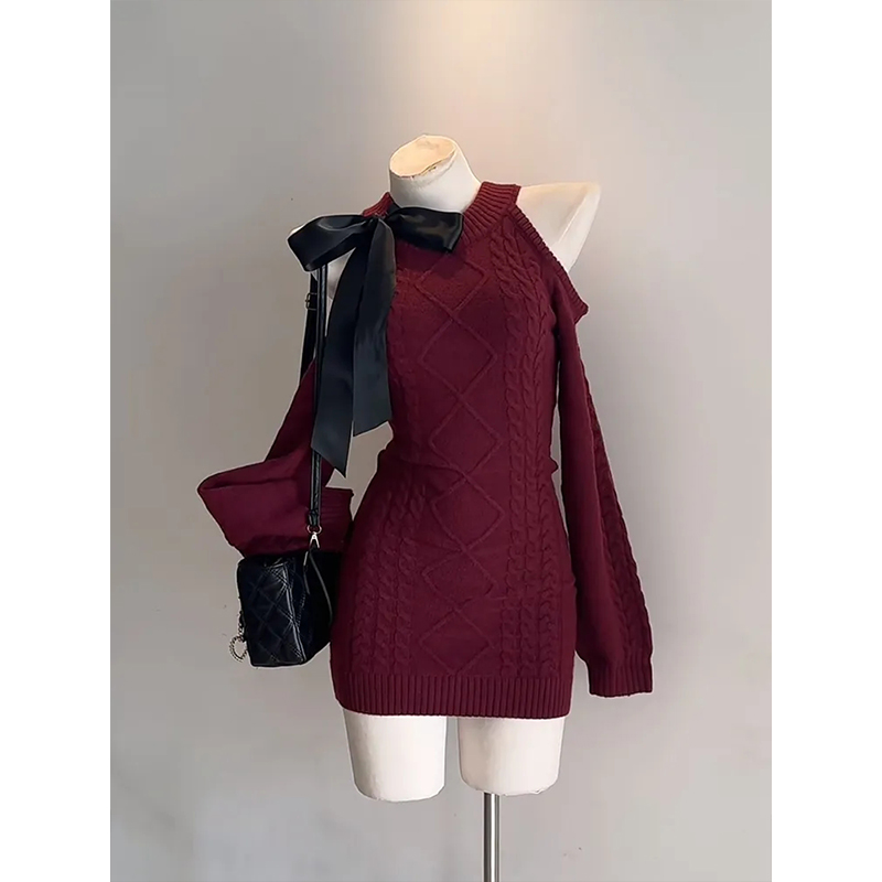 复古红色露肩蝴蝶结针织连衣裙