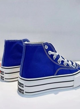 蓝色帆布鞋女春秋2025款红色百搭基础ins潮复古厚底增高中帮板鞋