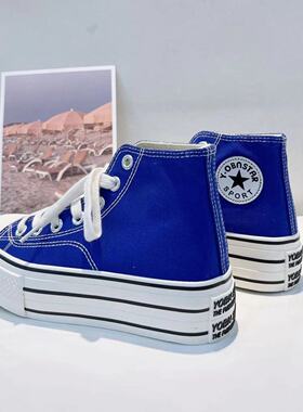 蓝色帆布鞋女春秋2025款红色百搭基础ins潮复古厚底增高中帮板鞋