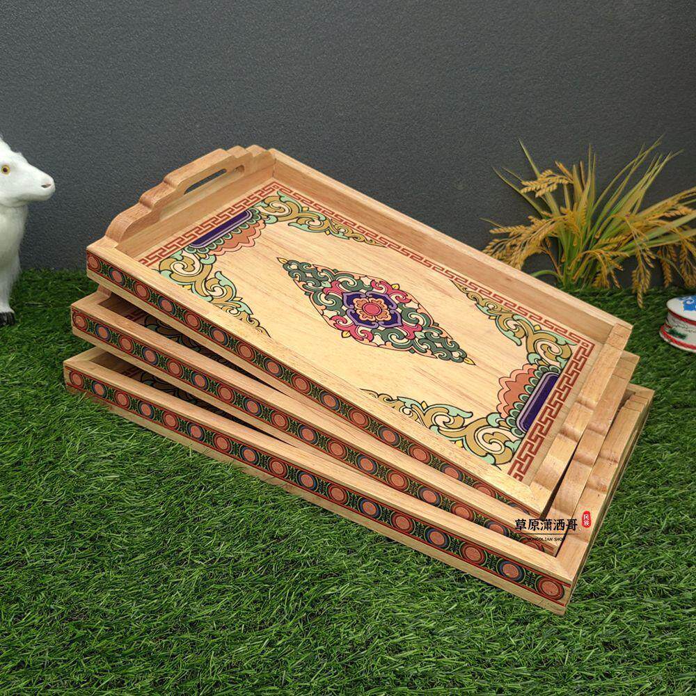 橡木实木托盘长方形印花蒙古手把肉盘全羊盘民族风雕花托盘带把手