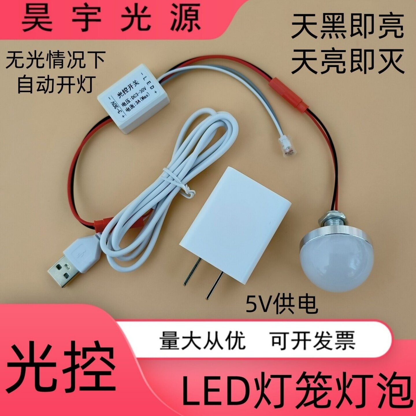 纯光控LED灯泡晚上自动亮灯笼小夜灯USB过道走廊衣柜智能光感应灯