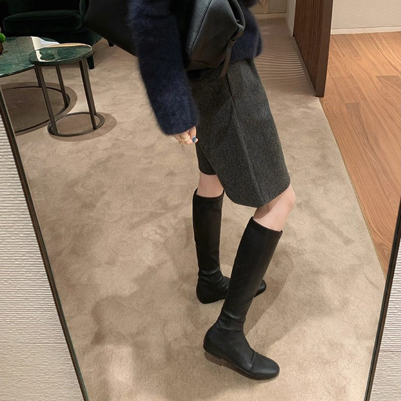 法式圆头平底弹力靴女瘦瘦靴百搭