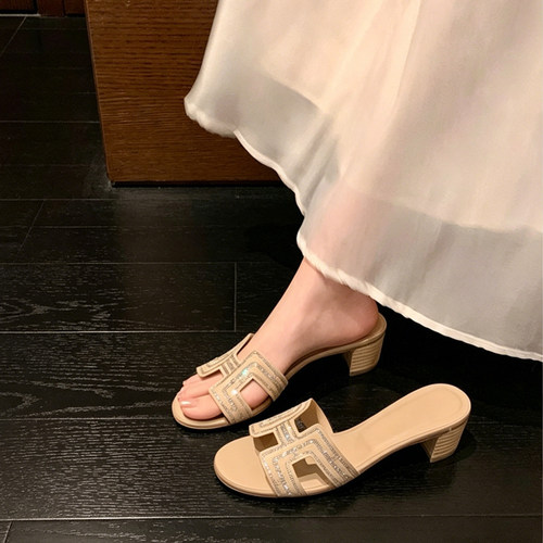 羊皮5cm粗跟水钻女夏凉拖鞋
