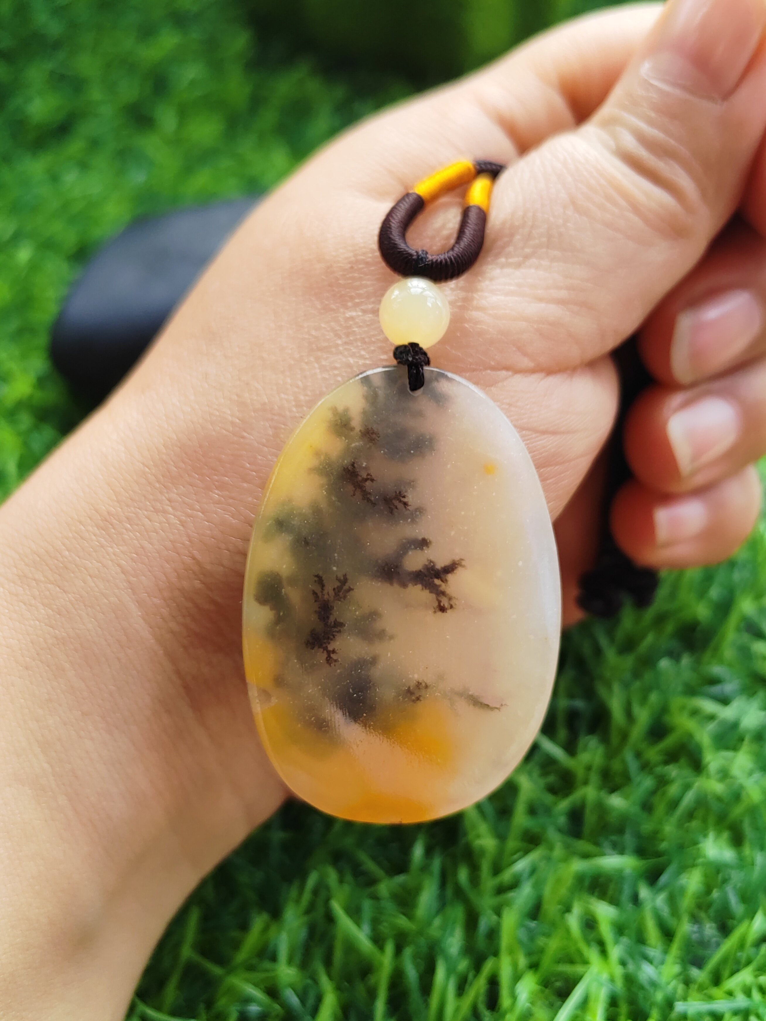 保平安无事牌纯天然玉石草花椭圆牌正品黄龙玉水草花挂件46*33*5