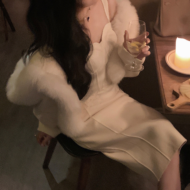 白色双面呢连衣裙女冬大衣内搭吊带法式赫本风短款外套