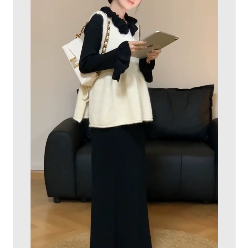 秋天一整套穿搭赫本风复古黑色荷叶边喇叭袖针织长裙马甲显瘦