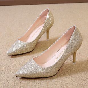 蜘蛛王香槟金银色高跟鞋 女2026年细跟中跟7cm仙女水晶伴娘礼服新