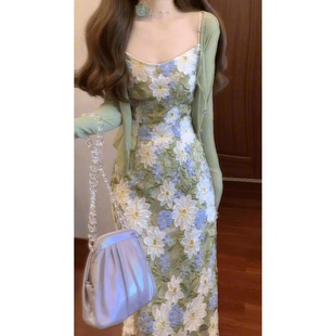 五一出游穿搭女春夏绝美雏菊镂空蕾丝绣花吊带连衣裙防晒开衫高腰