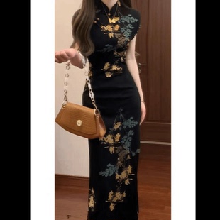 新中式黑色印花旗袍复古夏季气质高级感港风修身复古中国风短袖