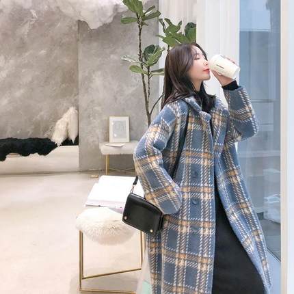中长款格子仿水貂绒大衣女2025秋冬新款韩版宽松加厚针织毛衣外套