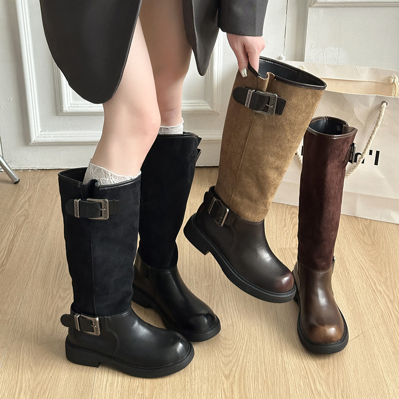 废土风直筒骑士靴女鞋2025年秋冬季新款厚底骑士靴西部堆堆长筒靴