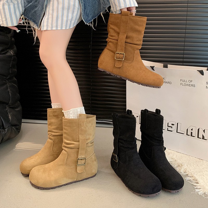 靴子女短靴秋冬女新款内增高冬季时装靴覆古西部牛仔靴短筒马丁靴