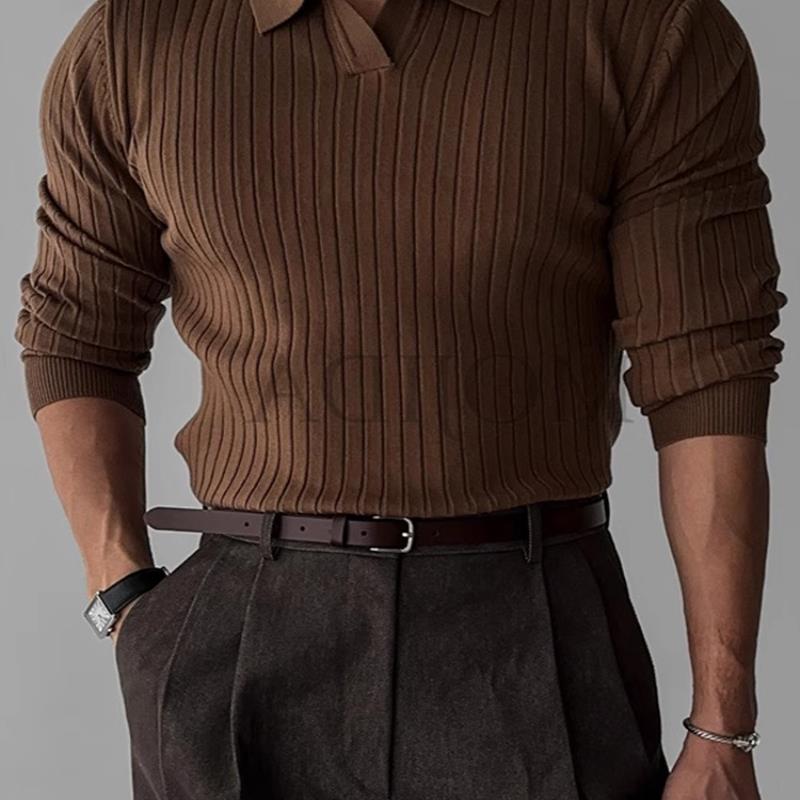 春秋韩国男装百搭纯色螺纹弹力翻领套头修身针织长袖恤衫男
