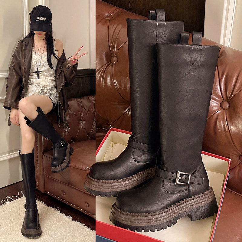 复古西部牛仔长筒靴女通勤皮靴秋冬季时尚小众骑士靴高筒靴时装靴