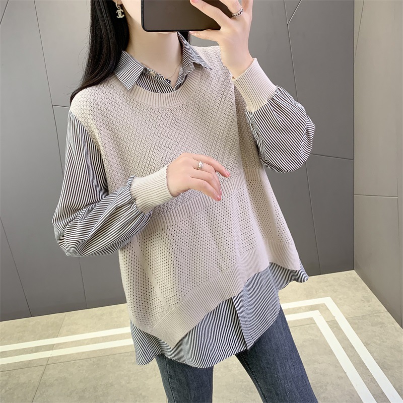 假两件针织衫女秋装2025年新款设计感小众洋气宽松内搭衬衫领上衣