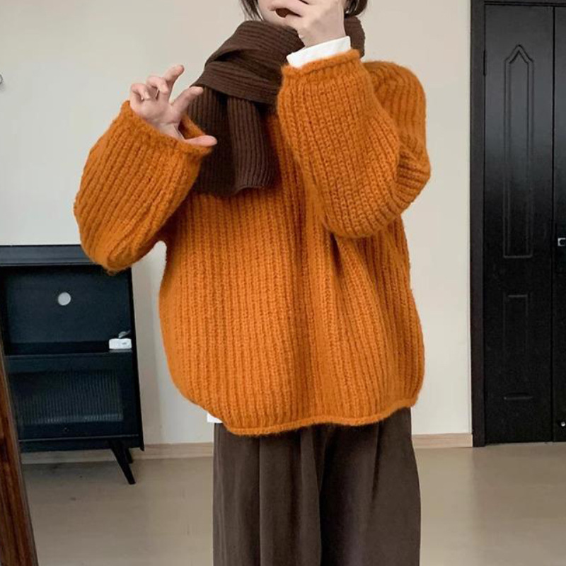 2025秋冬重磅超显白的橘色圆领粗线针织毛衣慵懒软糯百搭上衣韩系